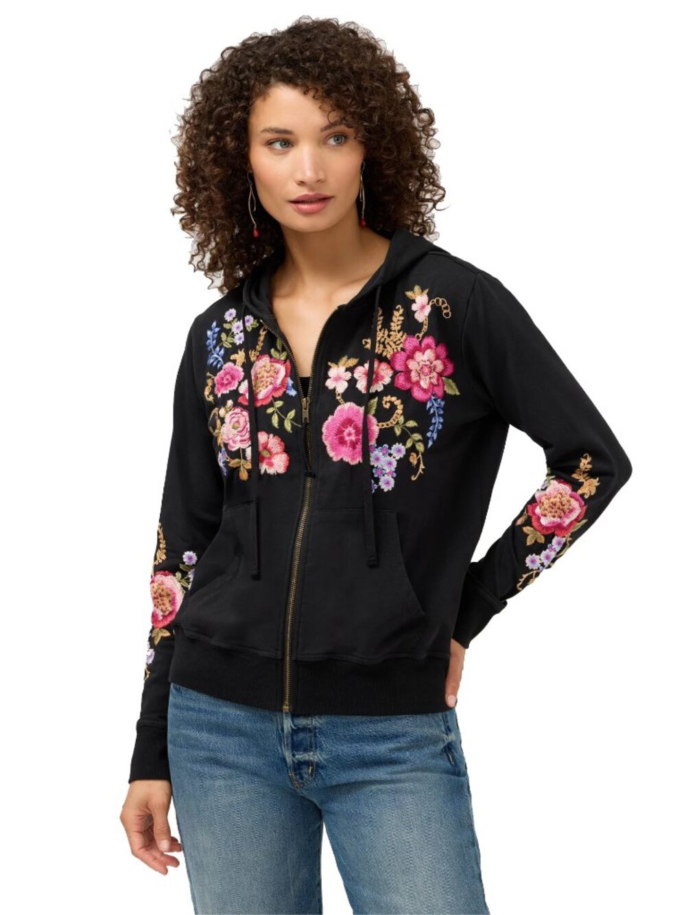 Johnny Was Modern Zip Up Hoodie Aerus Floral Long Cotton Flowers Black Top NEW